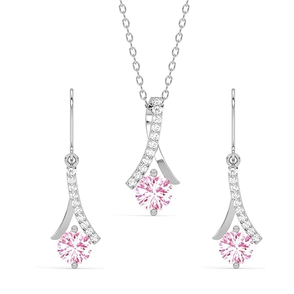 Sterling Silver Pink Solitaire Pendant Earring Chain Jewellery Set | Rhodium Plated, Swiss Zirconia