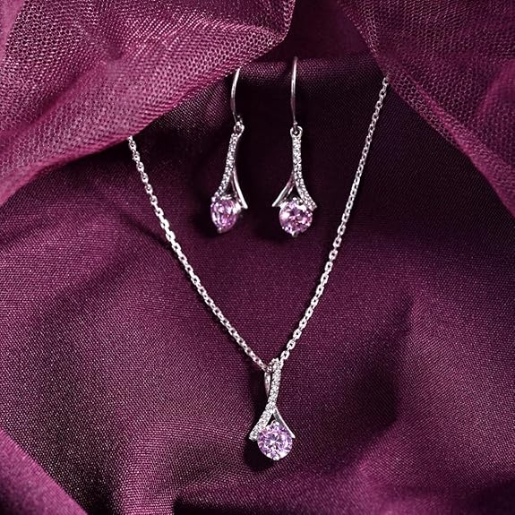 Sterling Silver Pink Solitaire Pendant Earring Chain Jewellery Set | Rhodium Plated, Swiss Zirconia - Image 3