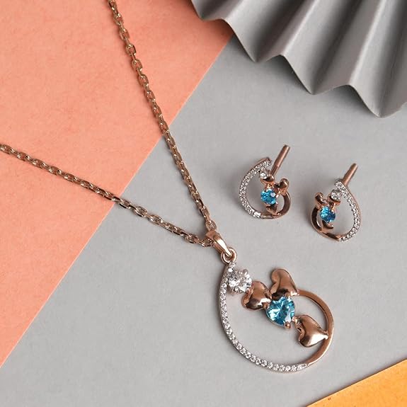 Sterling Silver Heart Pendant Earring Chain Jewellery Set | Rose Gold Rhodium Plated, Swiss Zirconia - Image 2