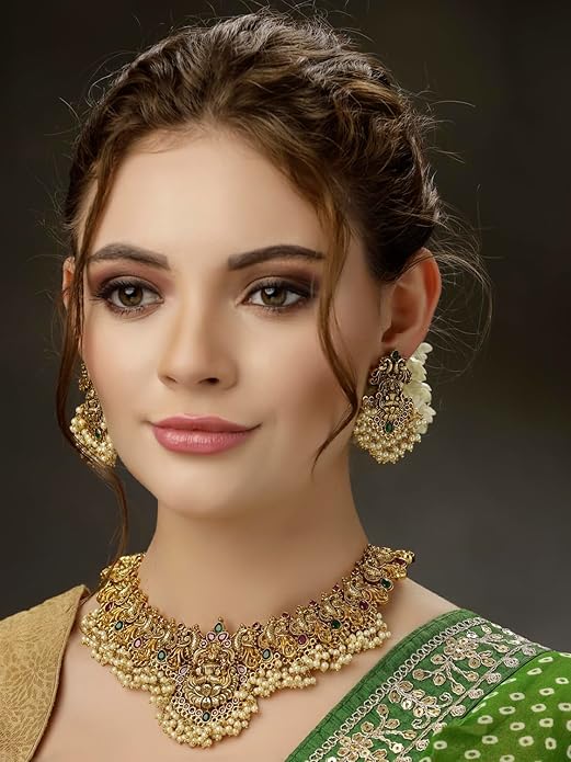 Shining Diva Fashion Latest Stylish Fancy Pearl Choker Traditional Jewellery Set for Women | Temple Necklace Set | Festive Wedding Party Necklace - Image 3